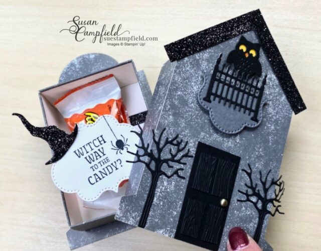 Craft a spooky cute Haunted House treat box for Halloween created with the Stampin' Up! Tombstone Treat Boxes and the Frightfully Cute Bundle.