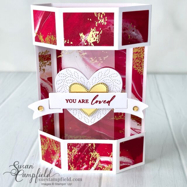 One of a collection of Floating Vertical Bandstand Pop Up Cards featuring a heart themed design with gold and red accents. Created by Susan Campfield.